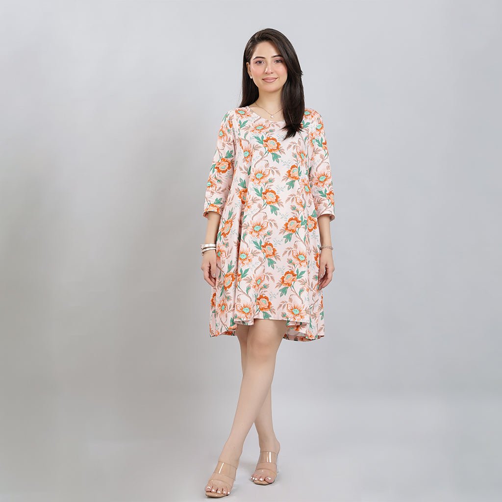 Peach Floral Bliss Dress [100% pure rayon] -Cotton midi dress