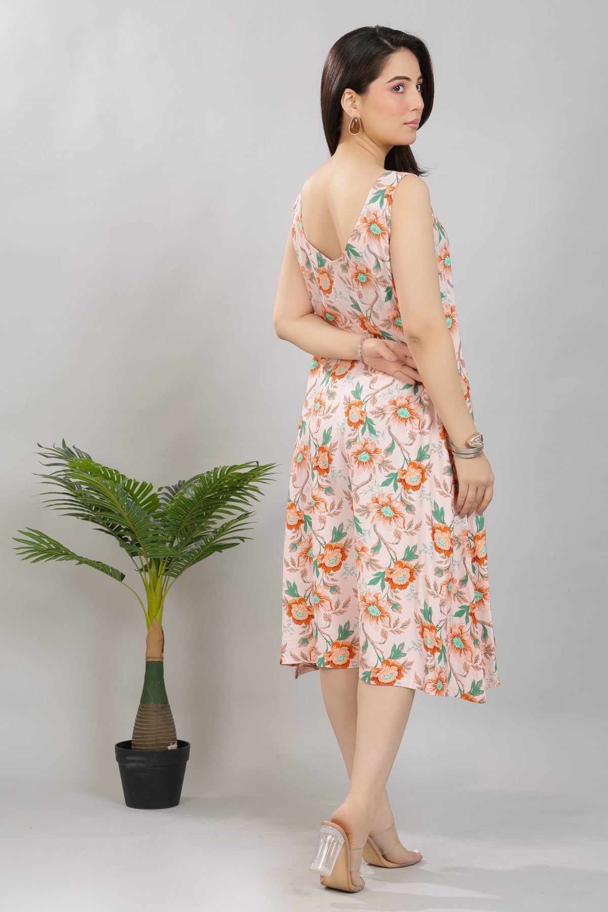 Peach rayon Printed Flare Dress [100% pure rayon] -Cotton midi dress