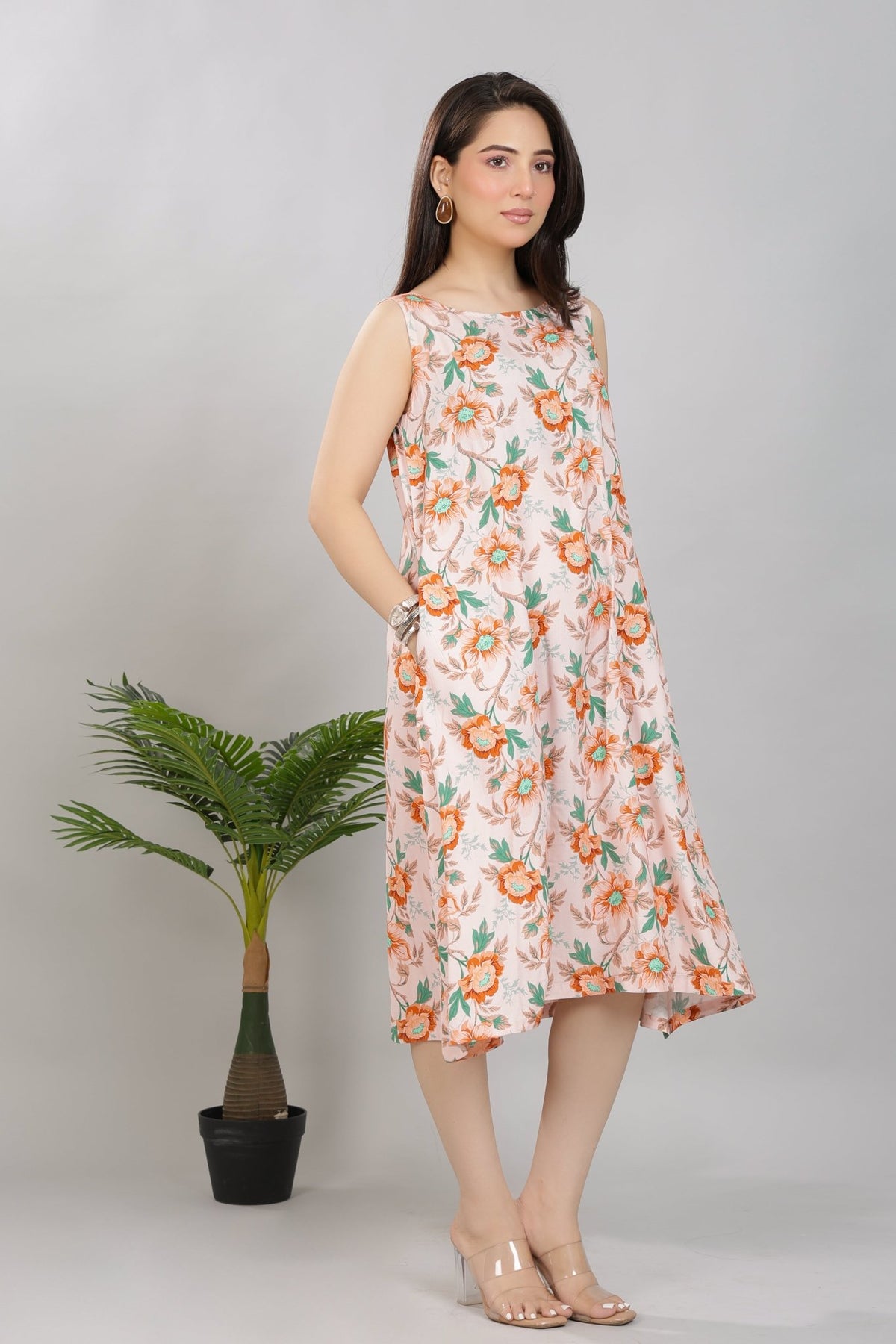 Peach rayon Printed Flare Dress [100% pure rayon] -Cotton midi dress