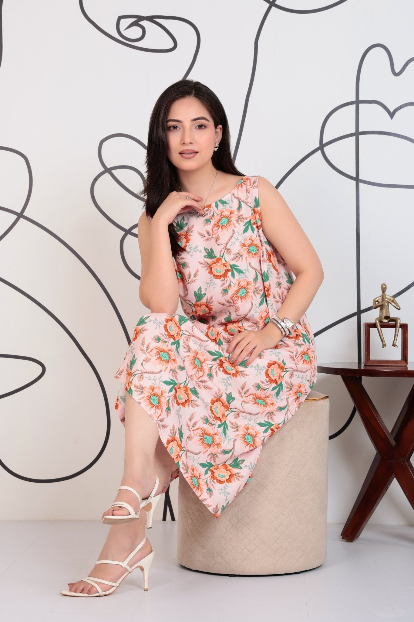 Peach rayon Printed Flare Dress [100% pure rayon] -Cotton midi dress