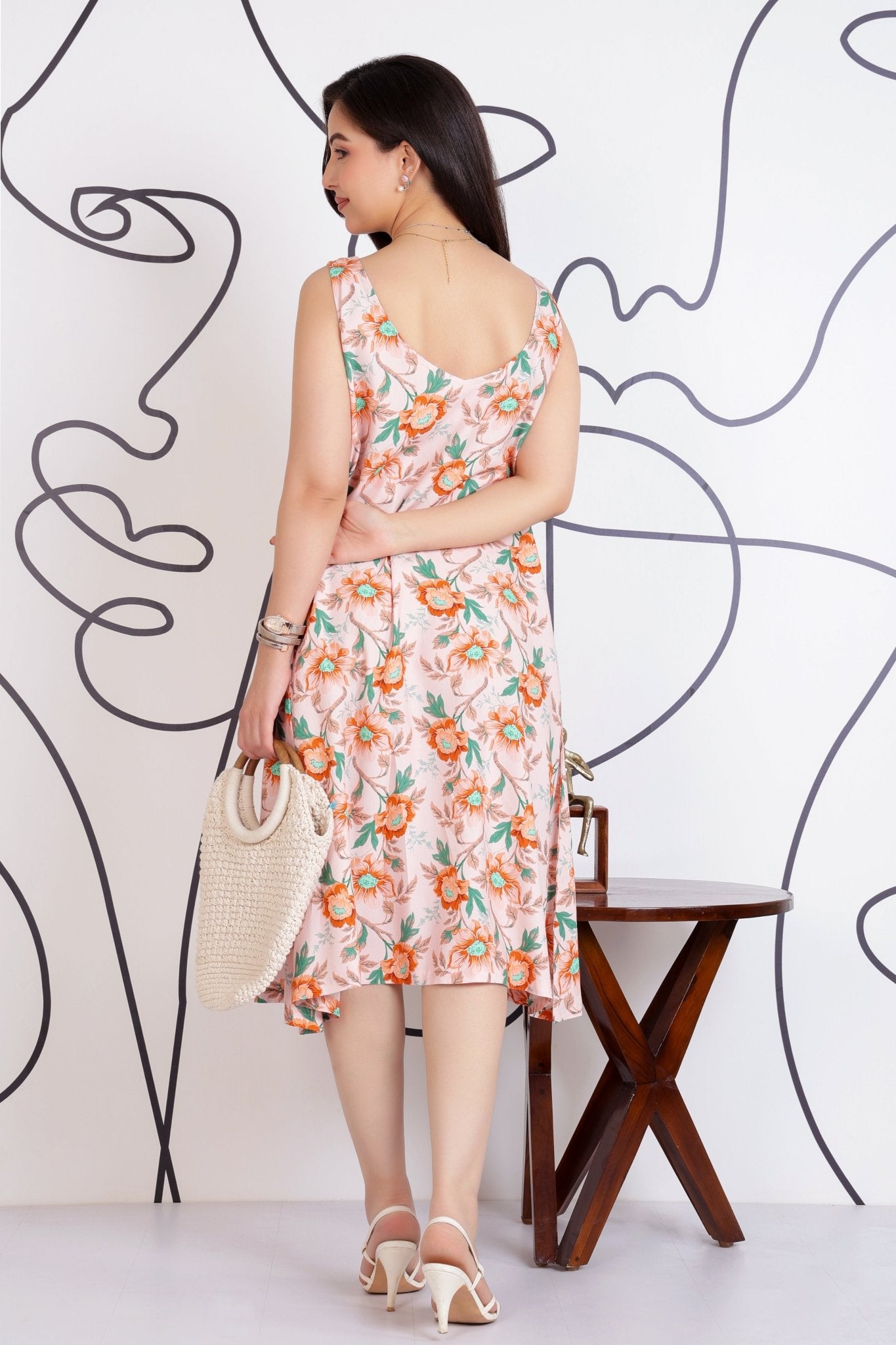 Peach rayon Printed Flare Dress [100% pure rayon] -Cotton midi dress