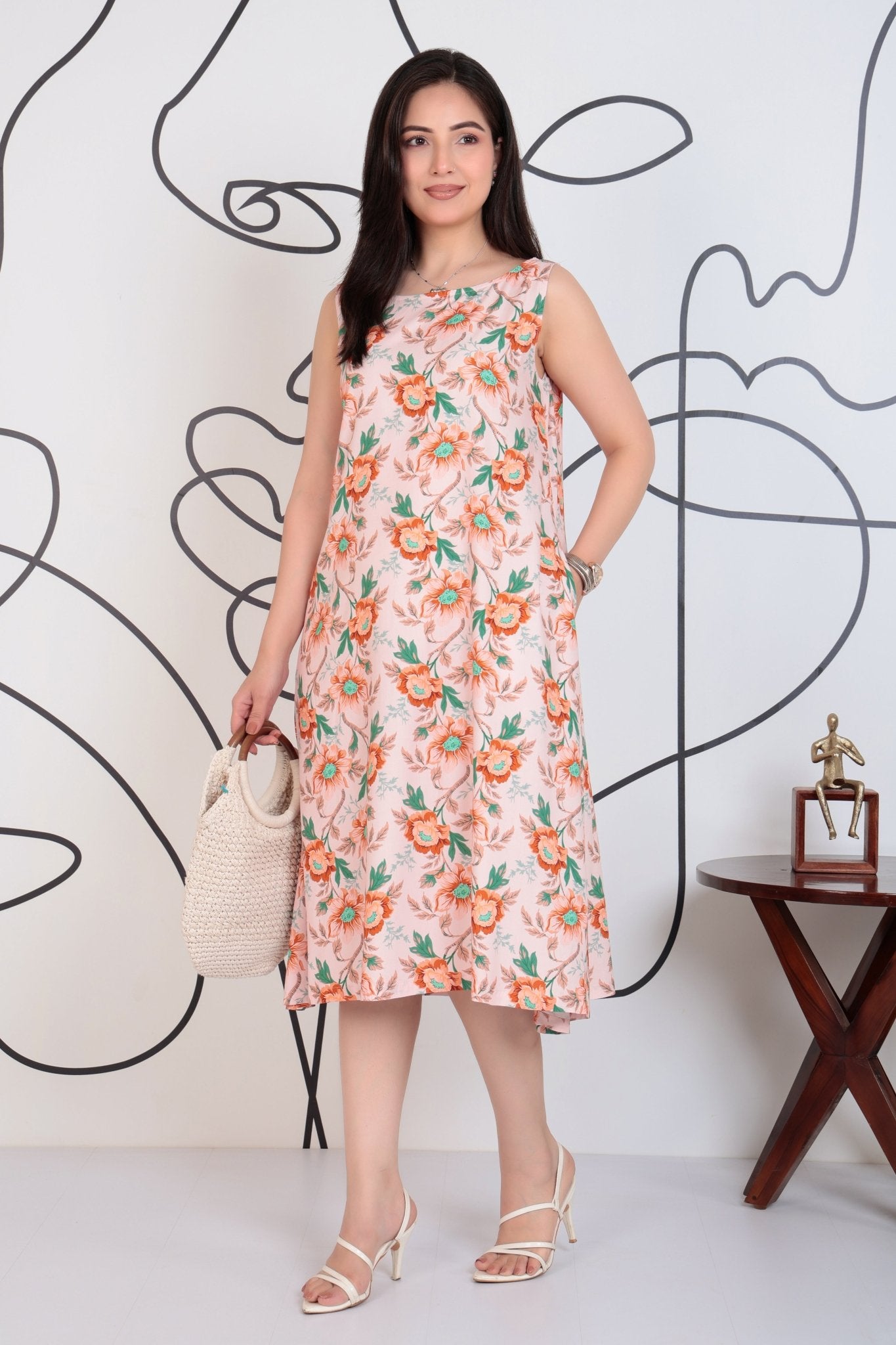Peach rayon Printed Flare Dress [100% pure rayon] -Cotton midi dress