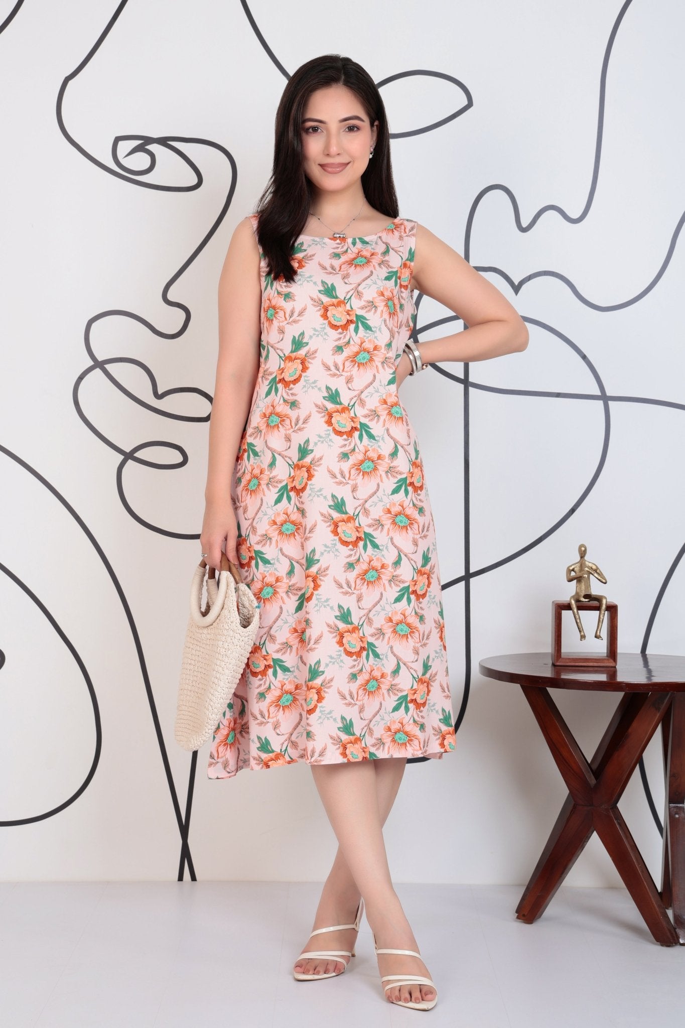 Peach rayon Printed Flare Dress [100% pure rayon] -Cotton midi dress