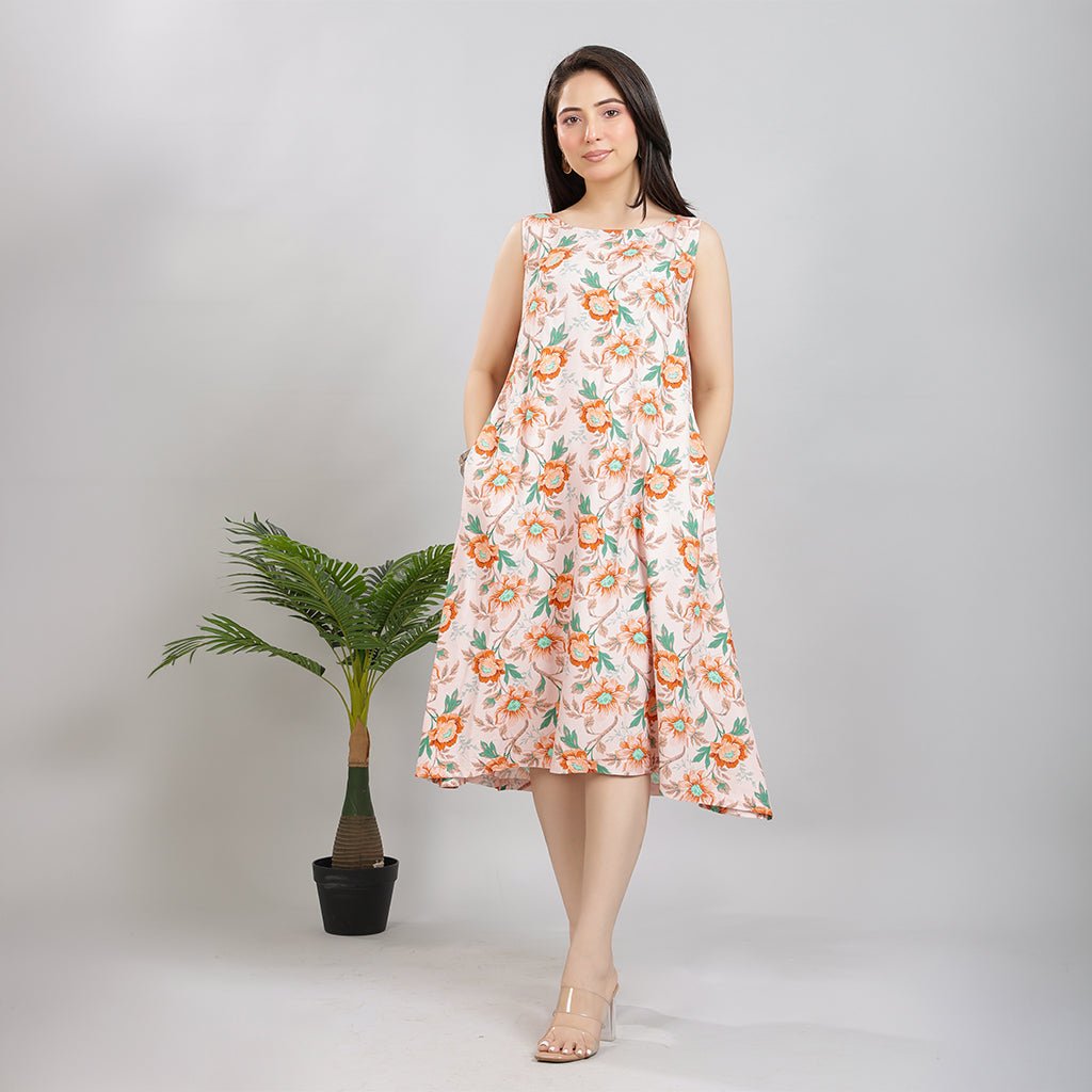 Peach rayon Printed Flare Dress [100% pure rayon] -Cotton midi dress
