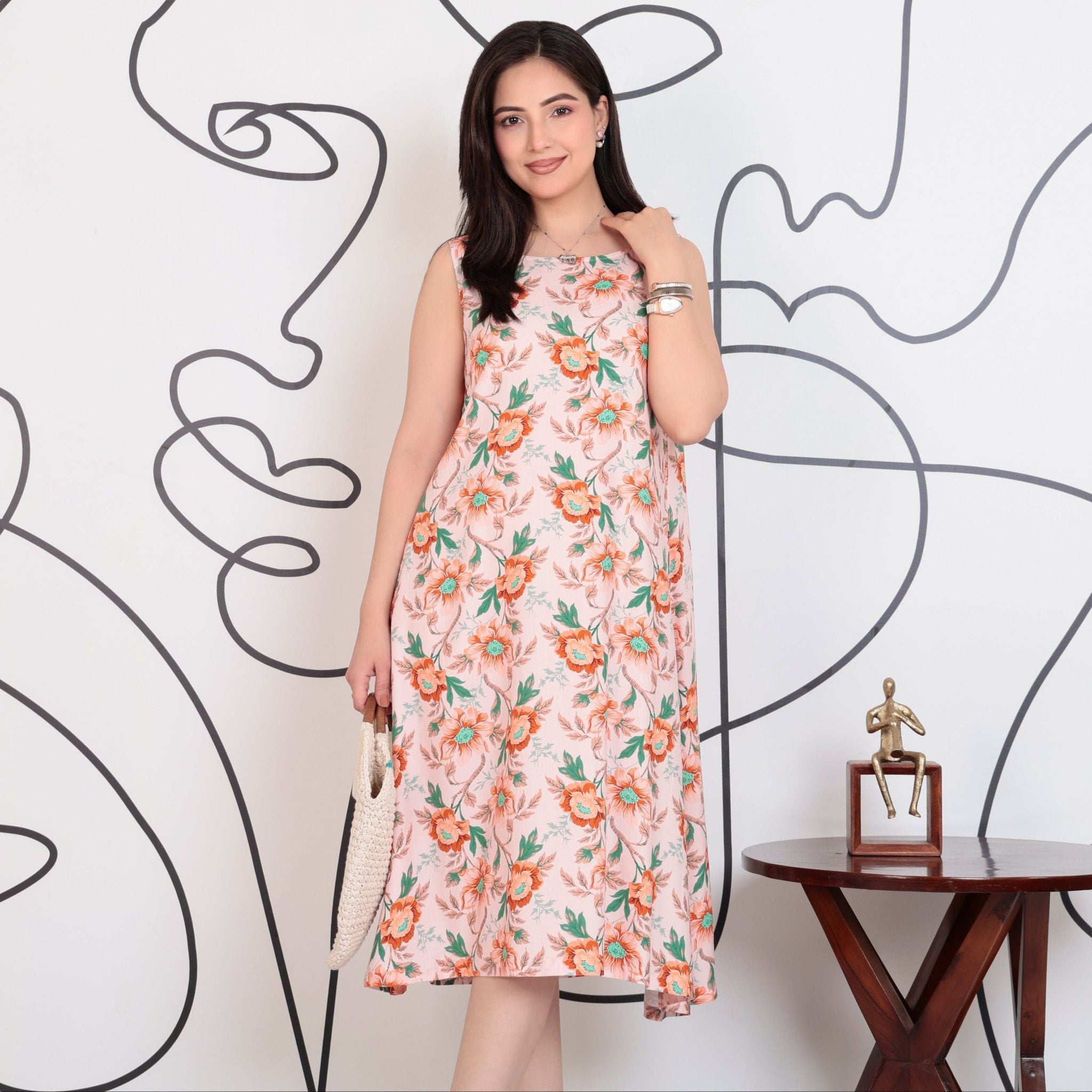 Peach rayon Printed Flare Dress [100% pure rayon] -Cotton midi dress