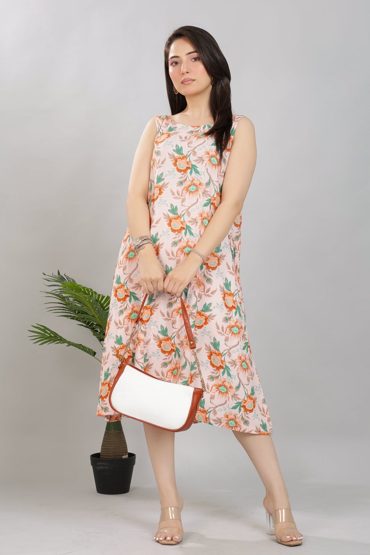 Peach rayon Printed Flare Dress [100% pure rayon] -Cotton midi dress