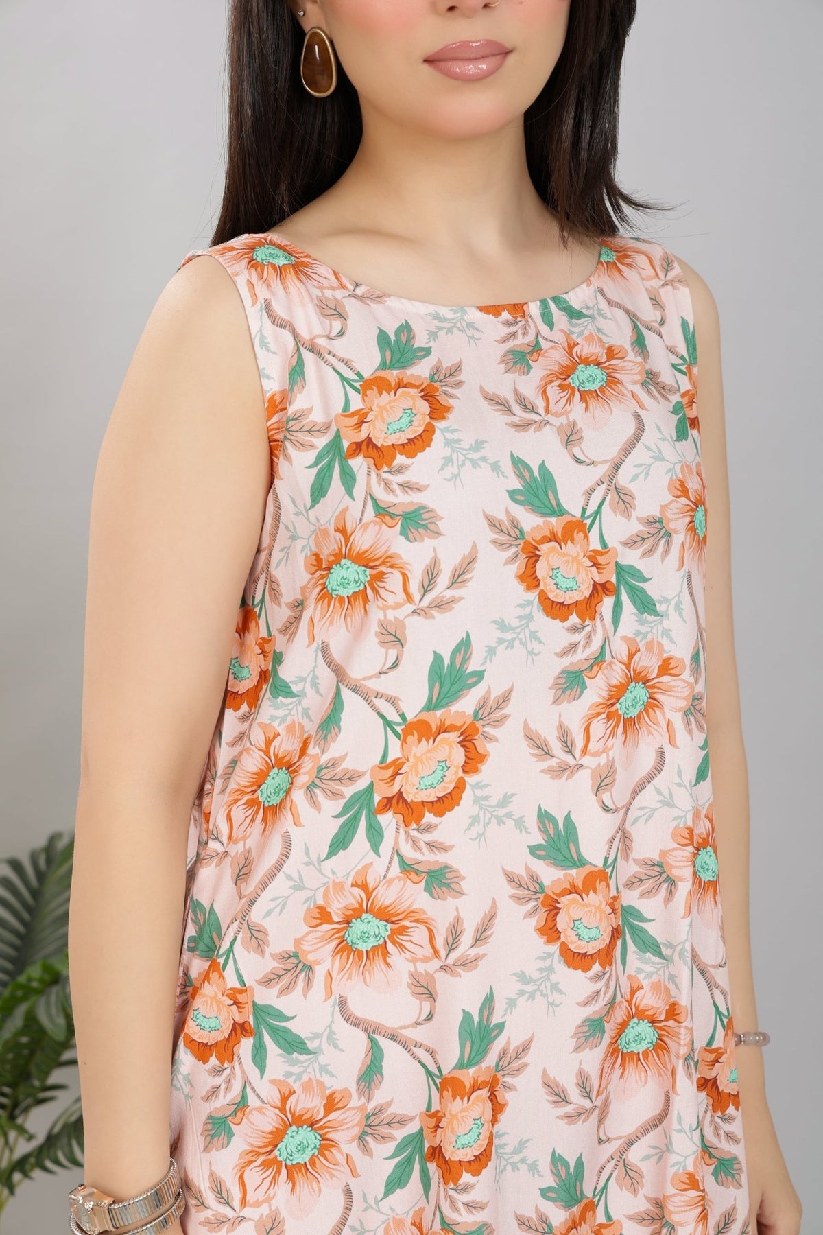 Peach rayon Printed Flare Dress [100% pure rayon] -Cotton midi dress