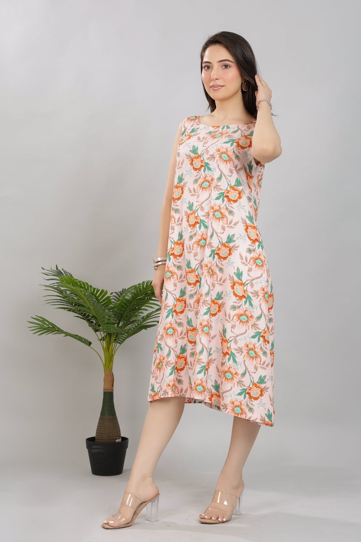 Peach rayon Printed Flare Dress [100% pure rayon] -Cotton midi dress