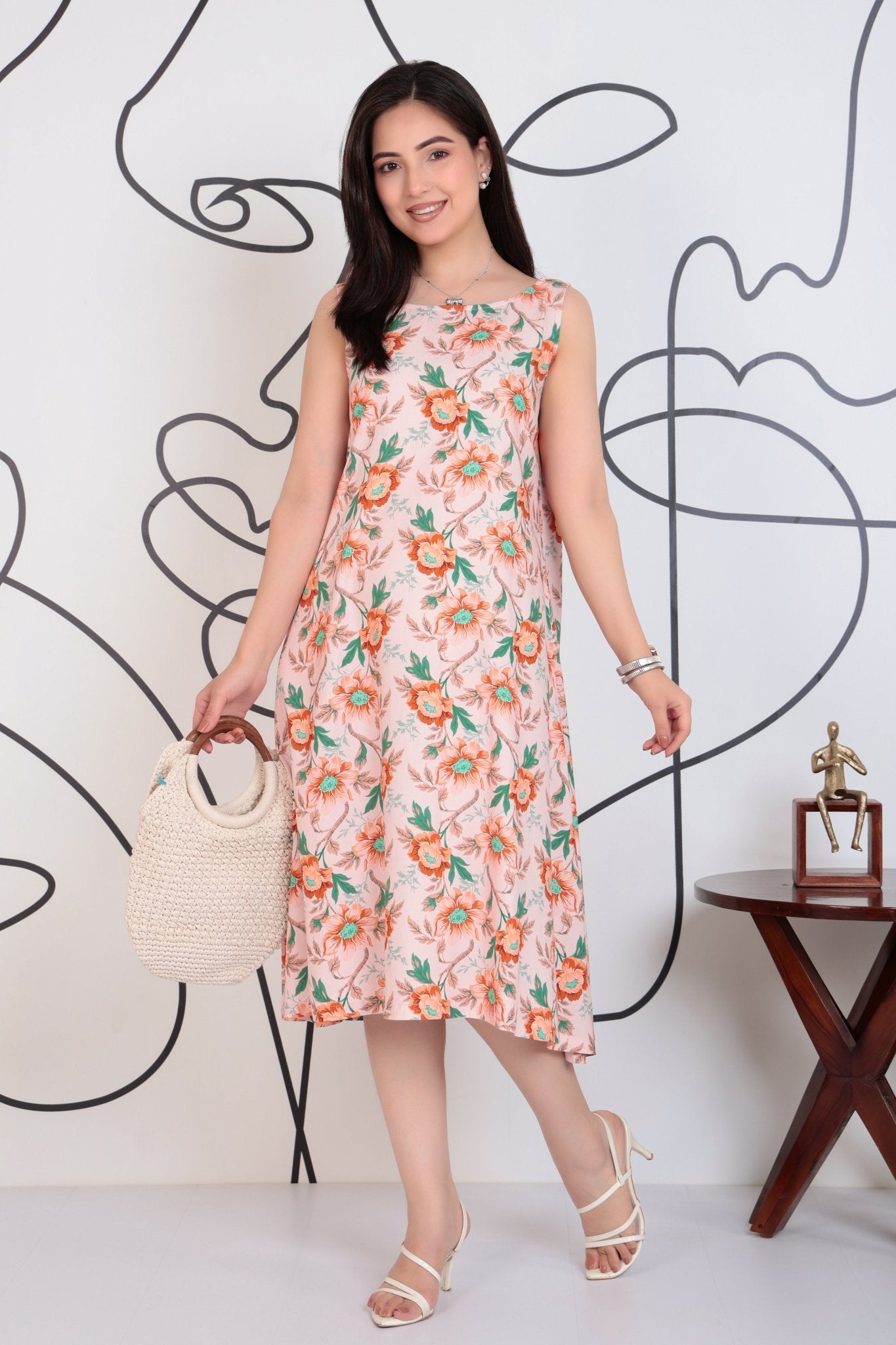 Peach rayon Printed Flare Dress [100% pure rayon] -Cotton midi dress