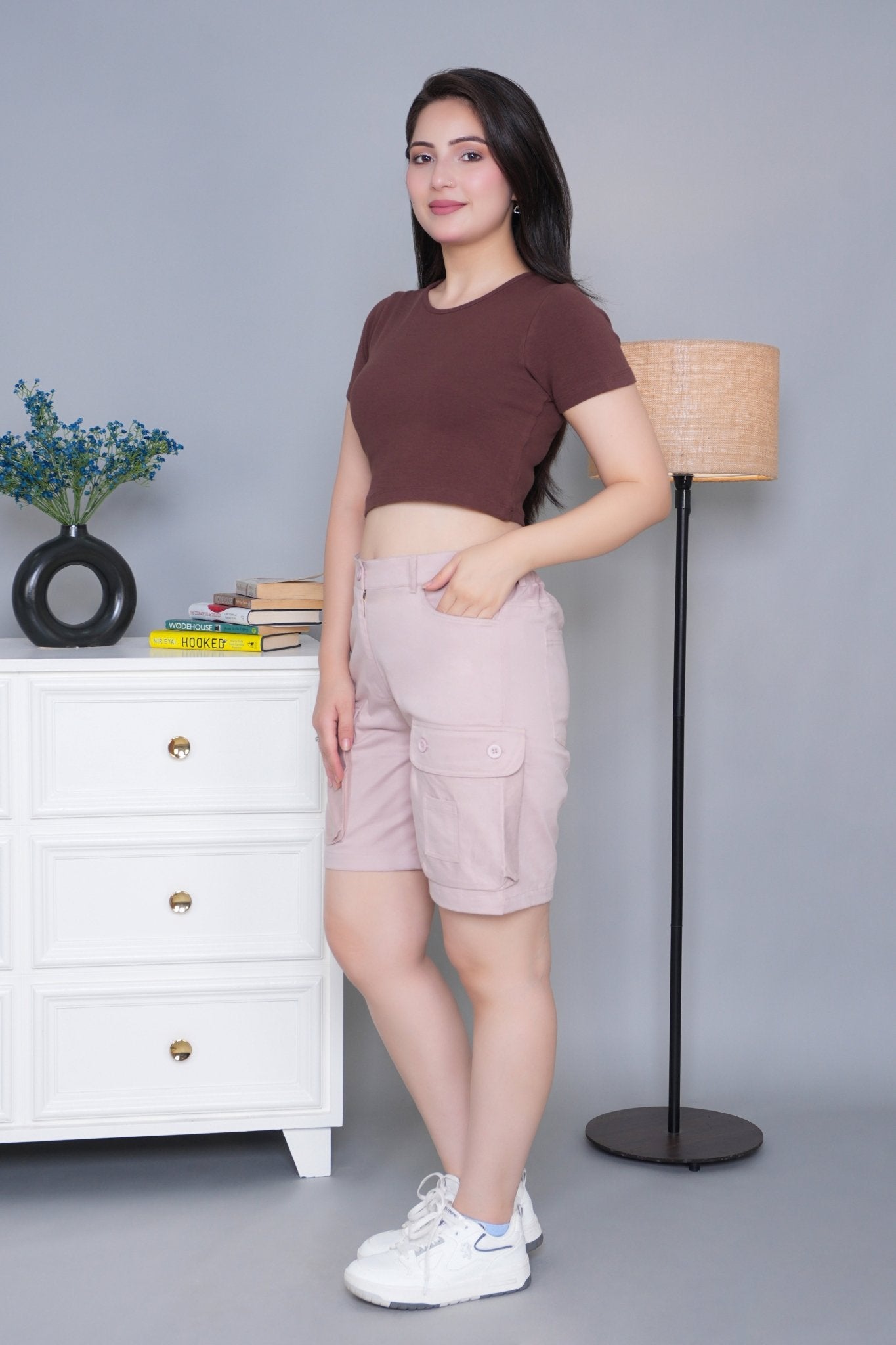 Peach stretchable biowash USA HQ cotton travel shorts with superior elastic belt. - Travel shorts