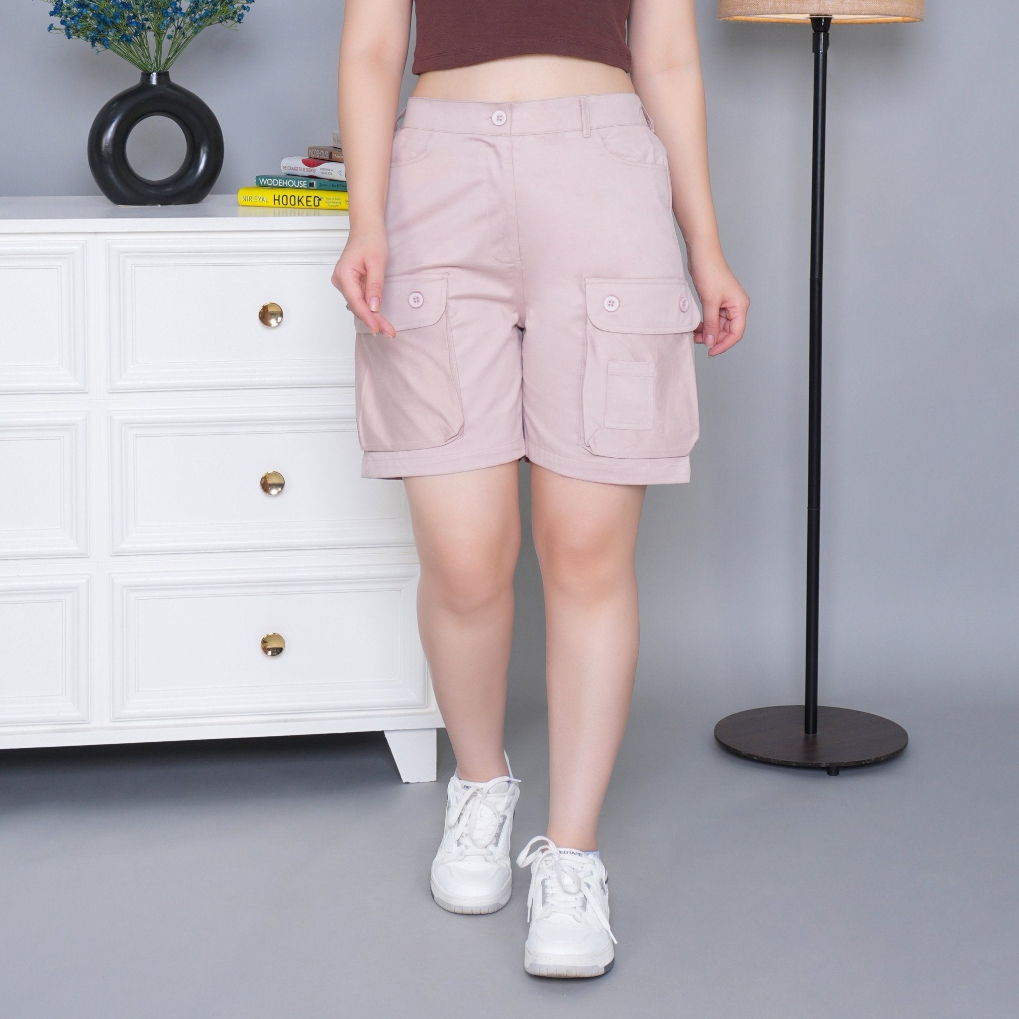 Peach stretchable biowash USA HQ cotton travel shorts with superior elastic belt. - Travel shorts