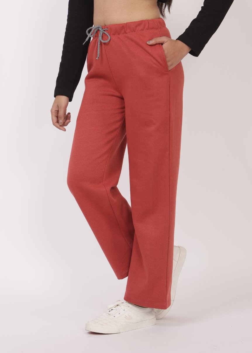 Peach stretchable biowash USA HQ winter fleece cotton flare pants with superior elastic belt. - Winter flare pant