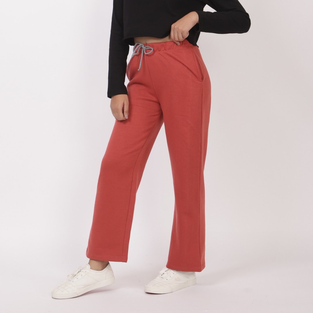 Peach stretchable biowash USA HQ winter fleece cotton flare pants with superior elastic belt. - Winter flare pant