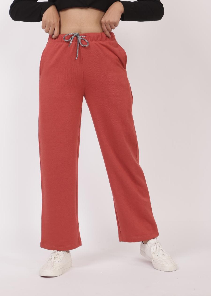 Peach stretchable biowash USA HQ winter fleece cotton flare pants with superior elastic belt. - Winter flare pant