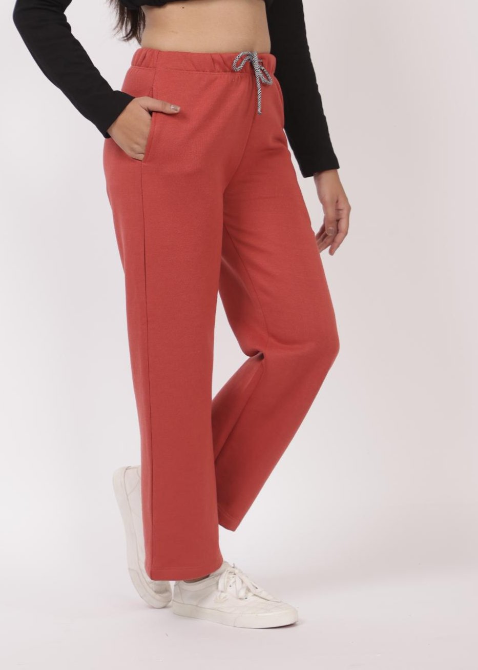 Peach stretchable biowash USA HQ winter fleece cotton flare pants with superior elastic belt. - Winter flare pant