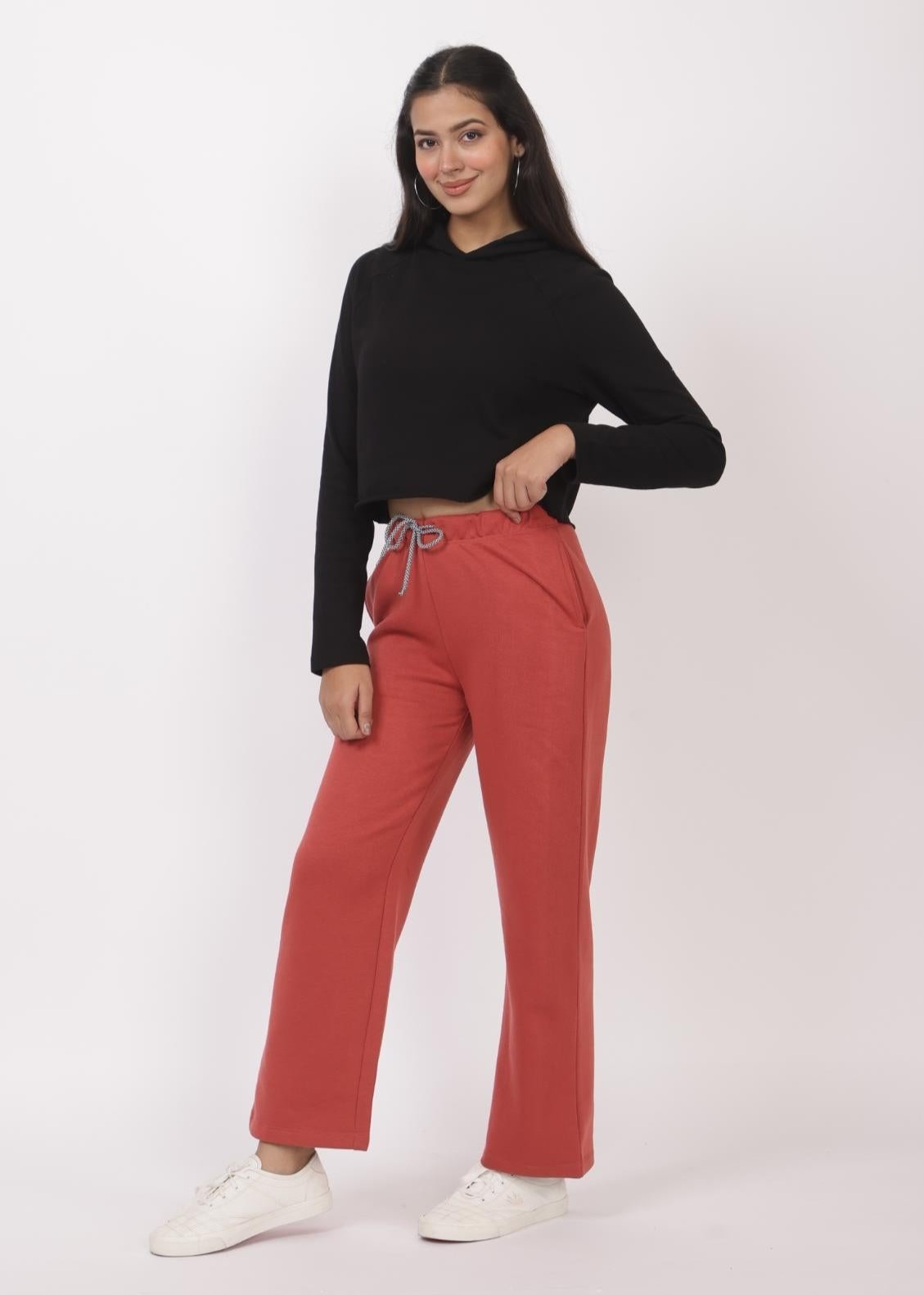 Peach stretchable biowash USA HQ winter fleece cotton flare pants with superior elastic belt. - Winter flare pant