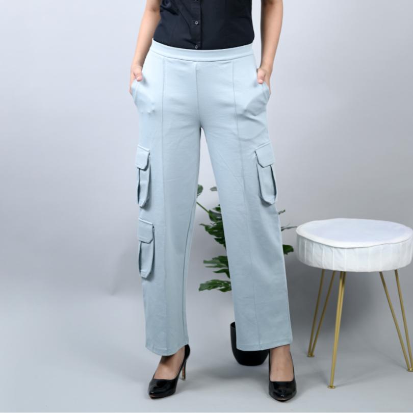 Pearl blue stretchable biowash USA HQ cotton cargo pant with superior elastic belt. - Milano Cargo Pants