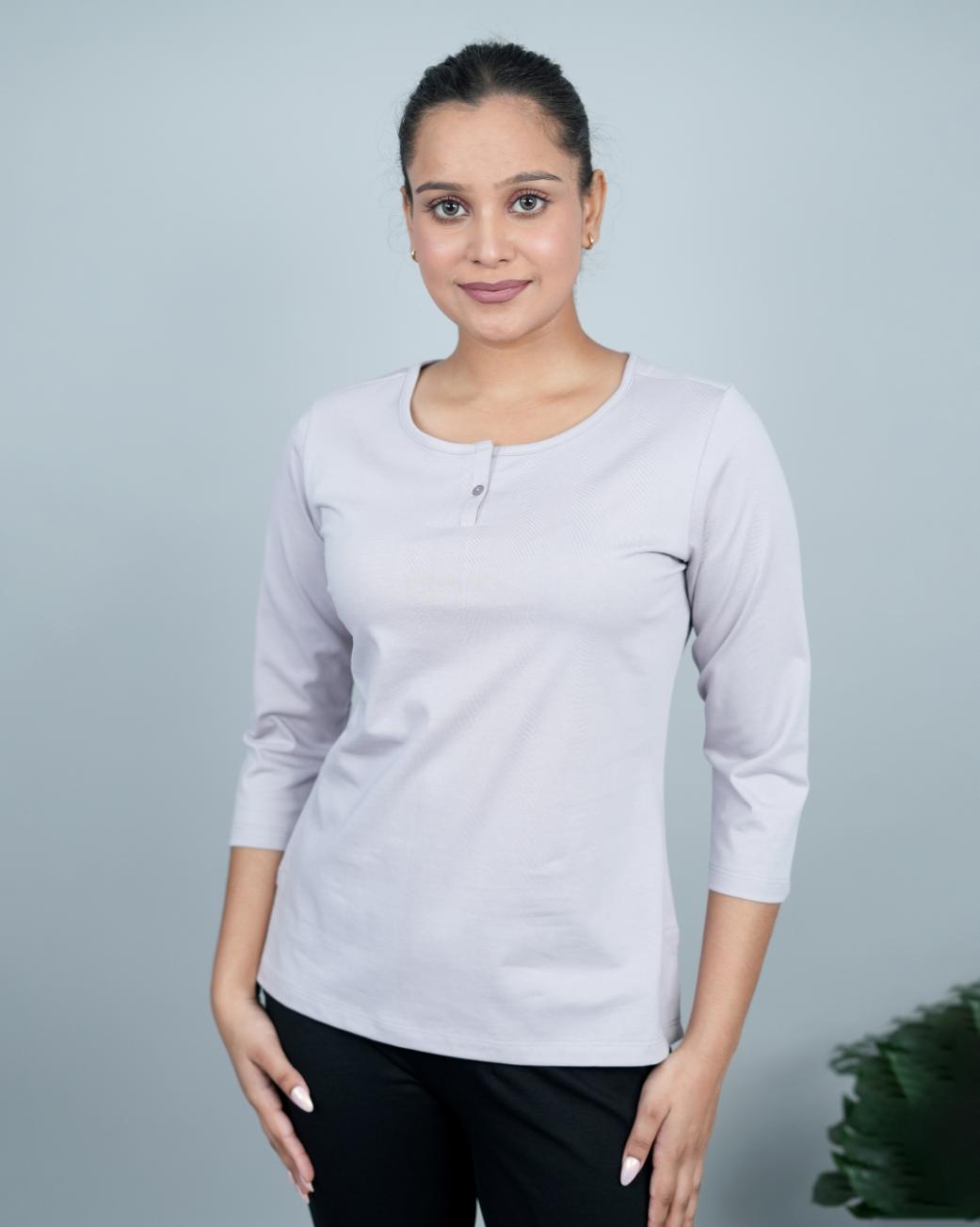 Pearl Grey Henley Tshirt [Non transparent 220 gsm thick ] - Henley Tshirt