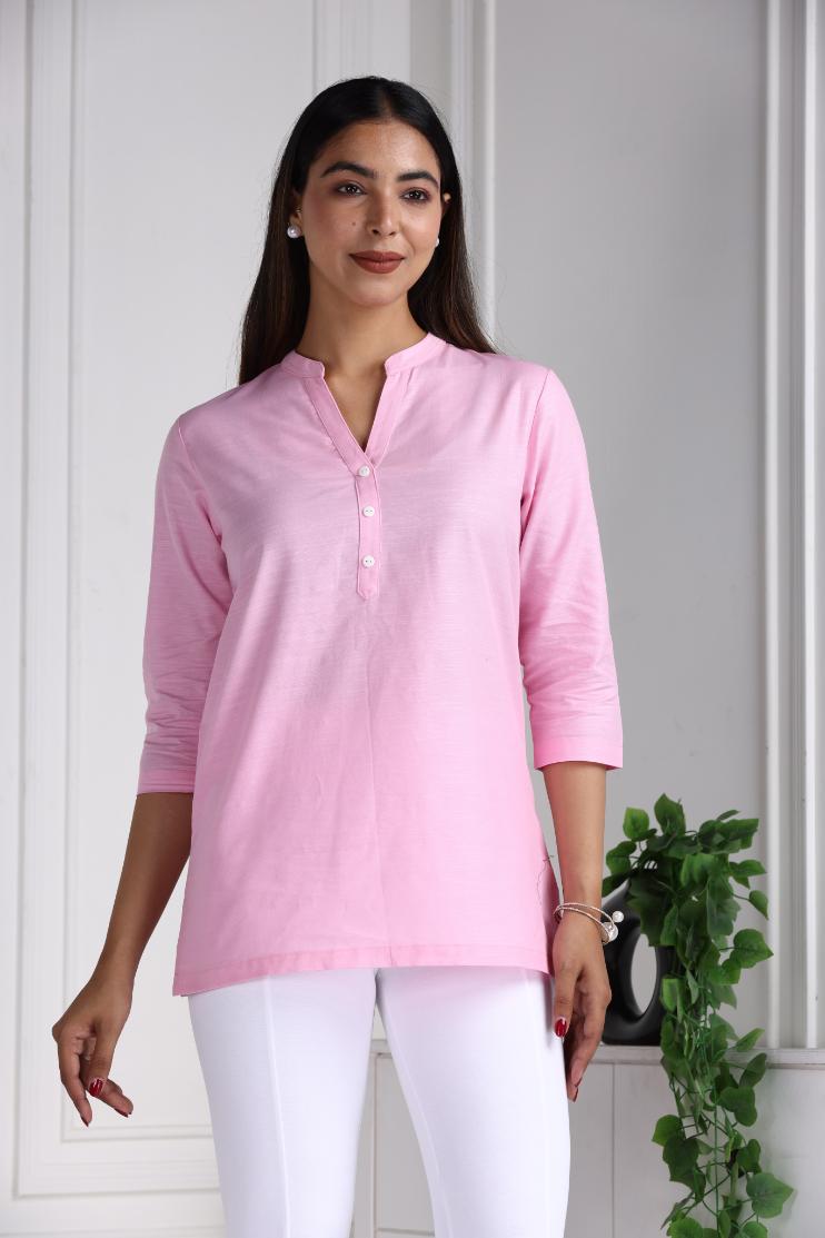 Pink Cotton Linen Short Kurti - Short kurta