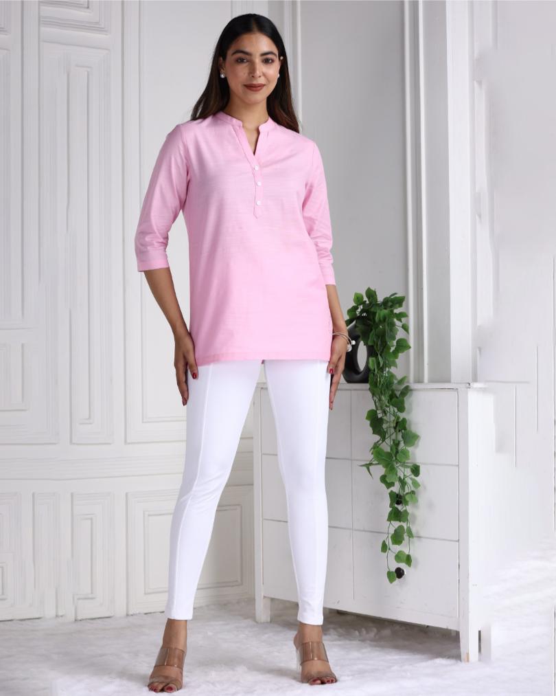 Pink Cotton Linen Short Kurti - Short kurta