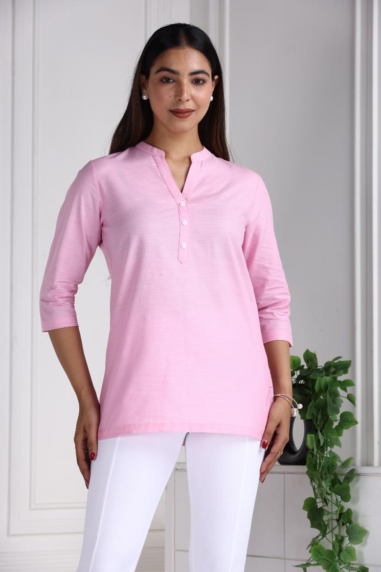 Pink Cotton Linen Short Kurti - Short kurta