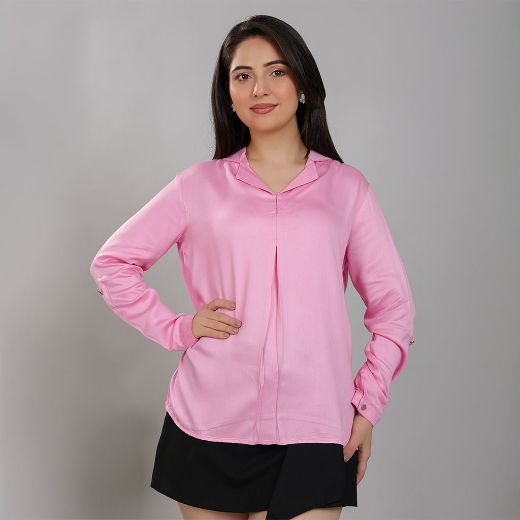 Pink Lapel collar satin top -satin shirt