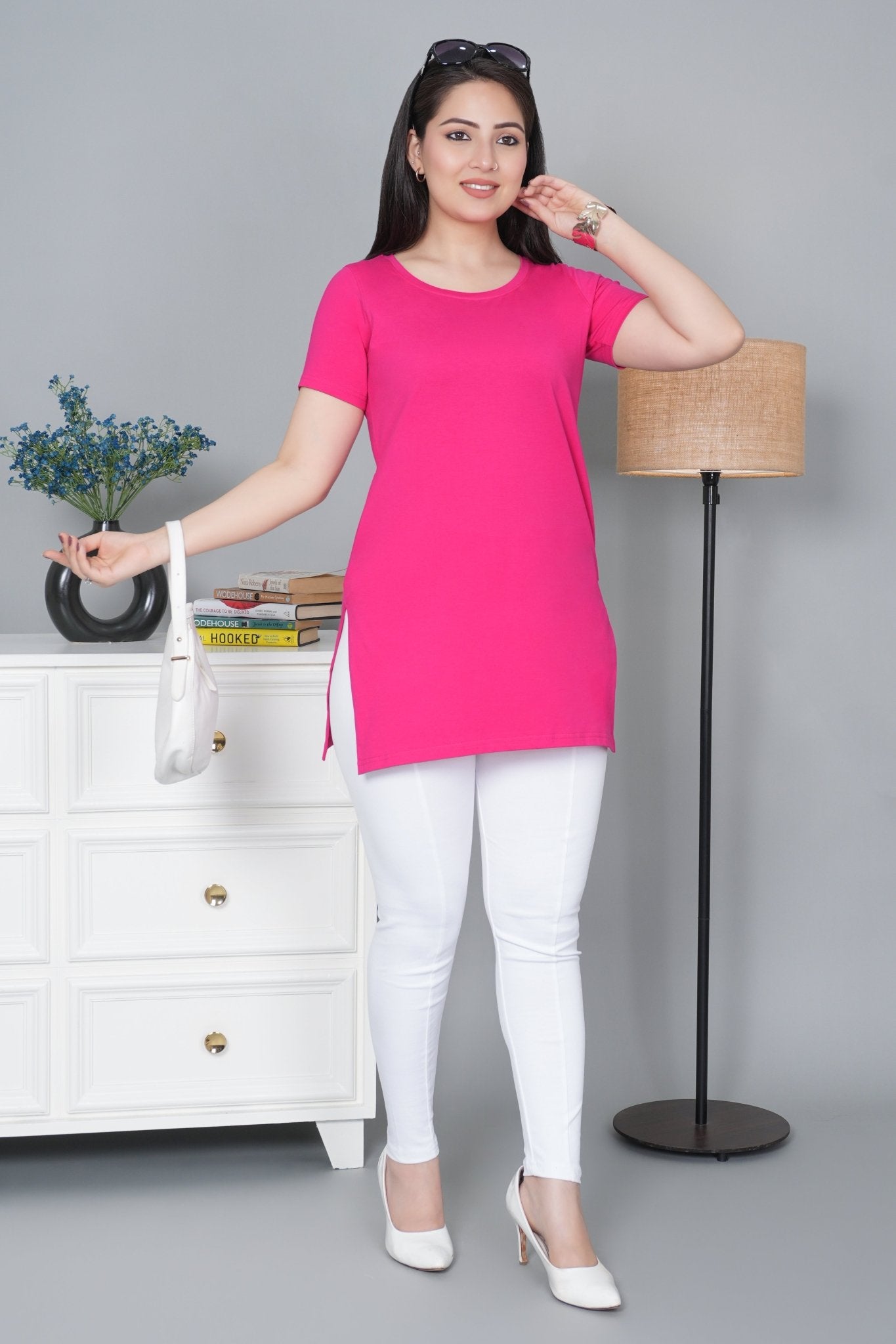 Pink long round neck cotton lycra t-shirt with pockets - Long cotton t-shirt