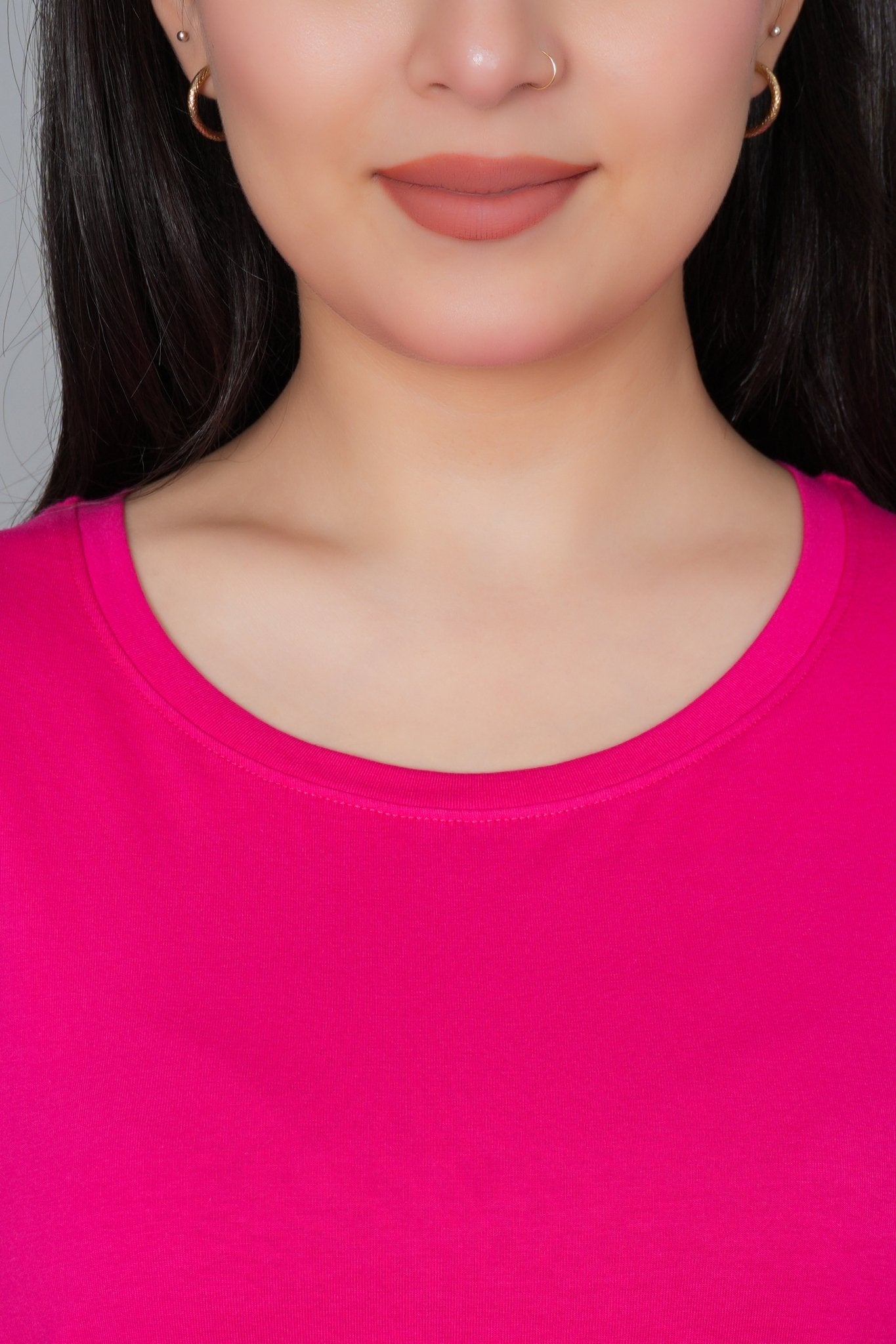 Pink long round neck cotton lycra t-shirt with pockets - Long cotton t-shirt