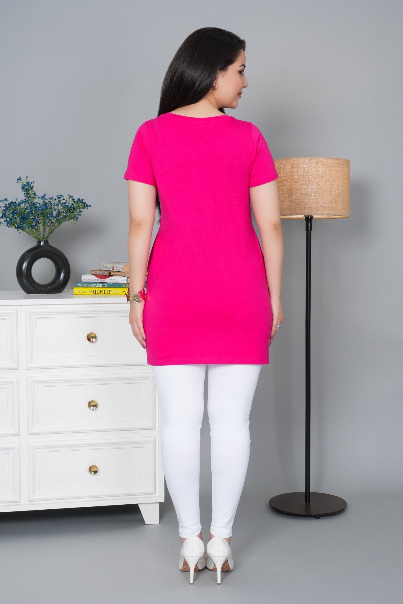 Pink long round neck cotton lycra t-shirt with pockets - Long cotton t-shirt
