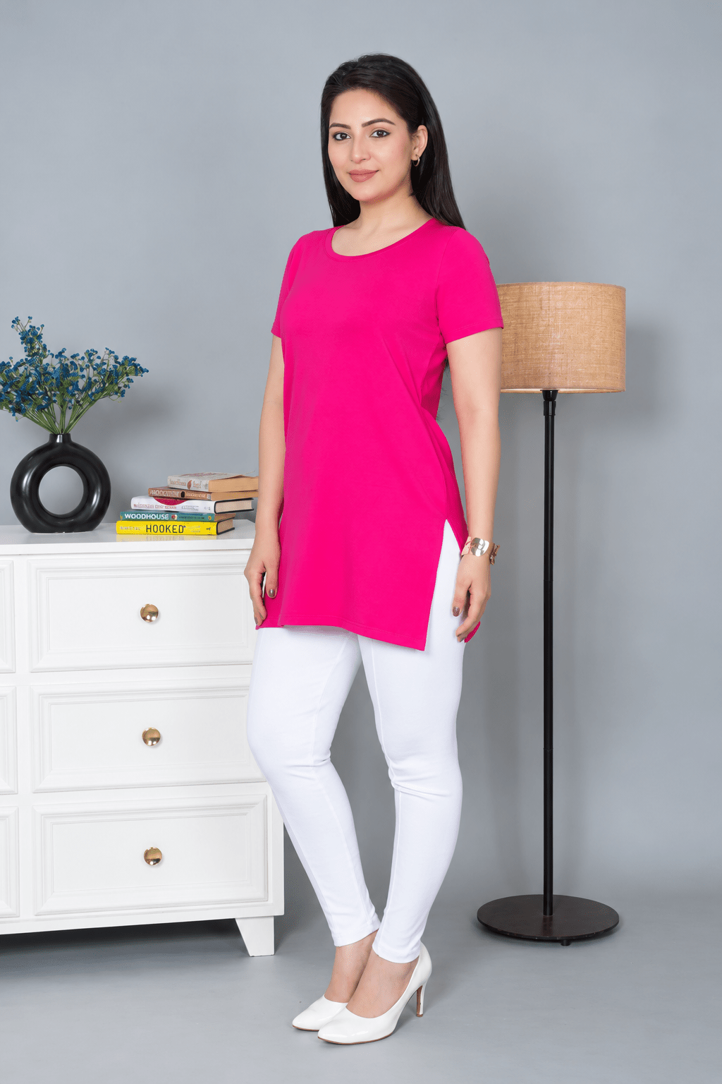 Pink long round neck cotton lycra t-shirt with pockets -Long cotton t-shirt