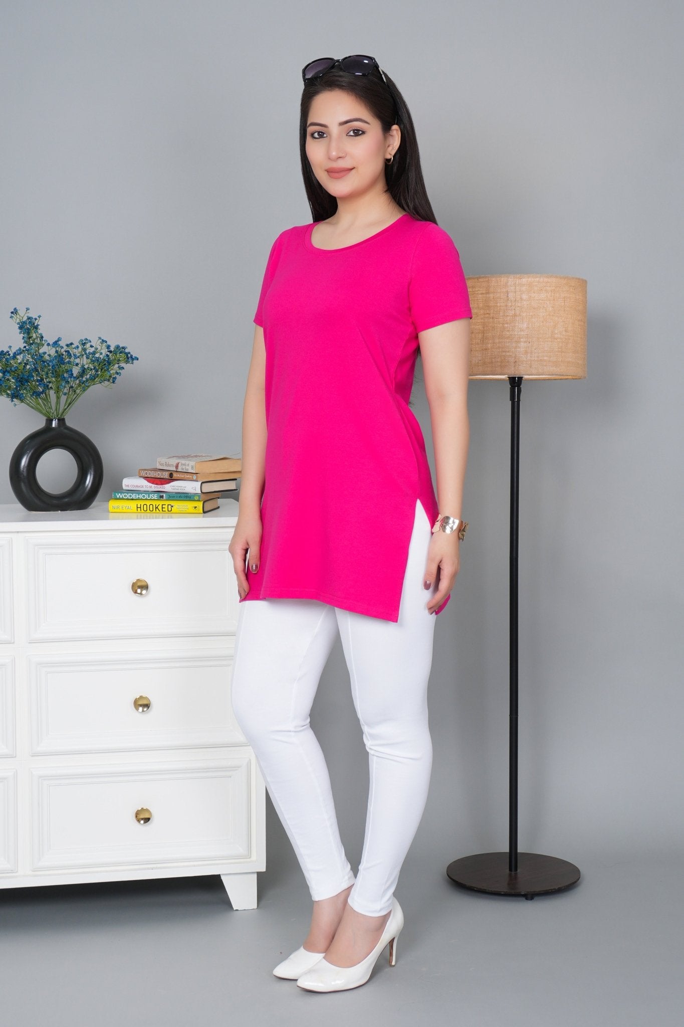 Pink long round neck cotton lycra t-shirt with pockets - Long cotton t-shirt