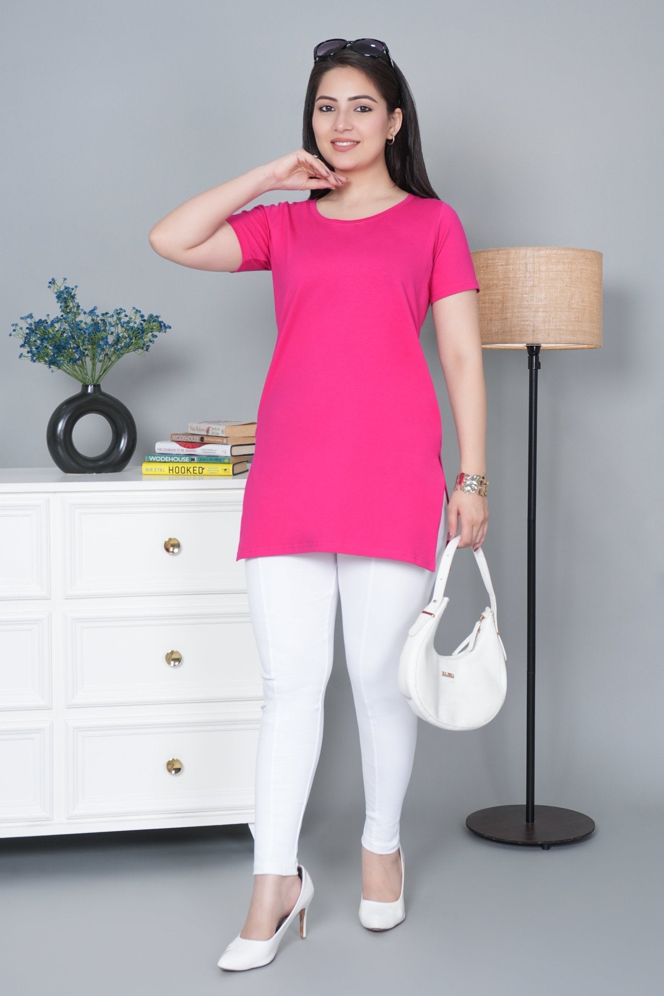 Pink long round neck cotton lycra t-shirt with pockets - Long cotton t-shirt
