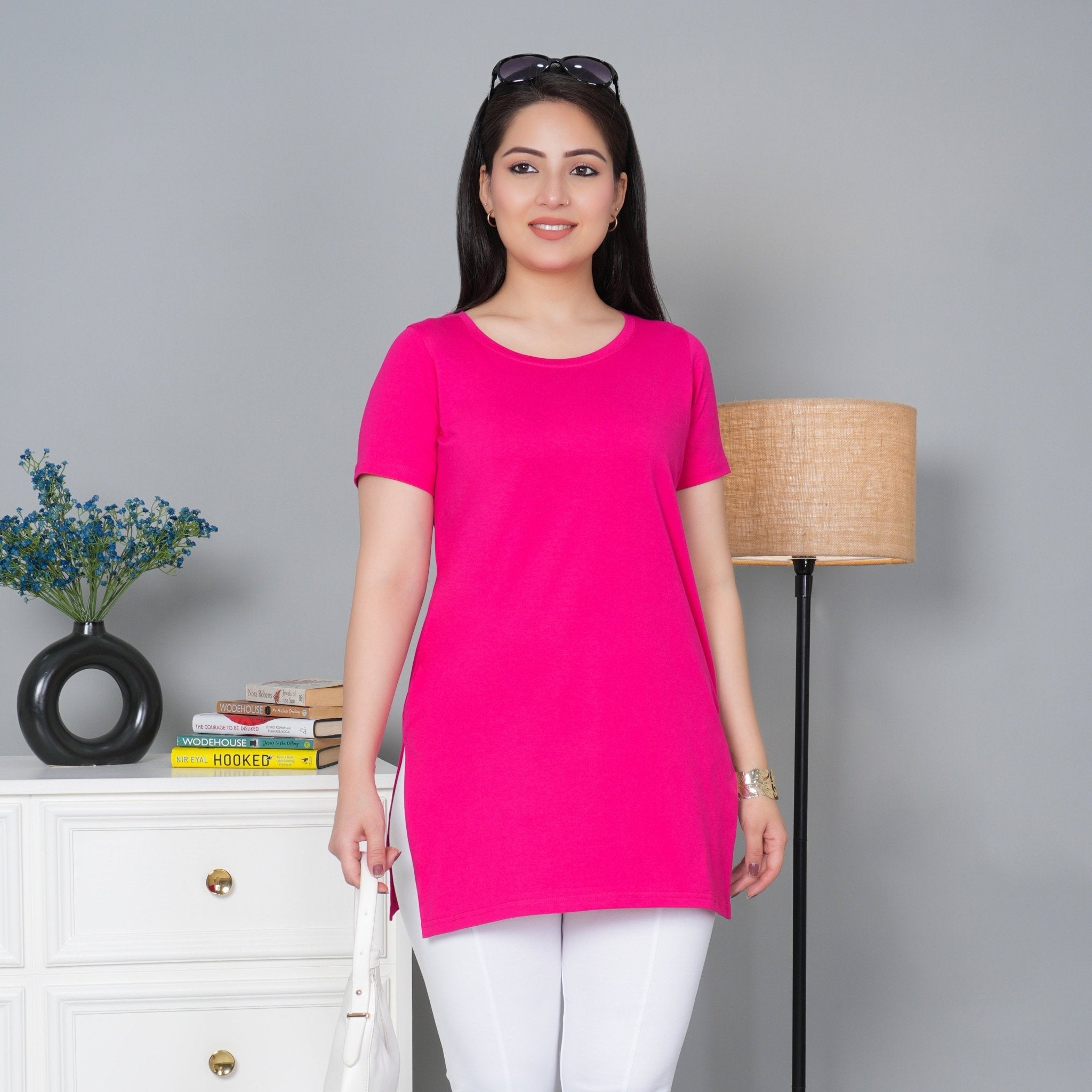 Pink long round neck cotton lycra t-shirt with pockets - Long cotton t-shirt