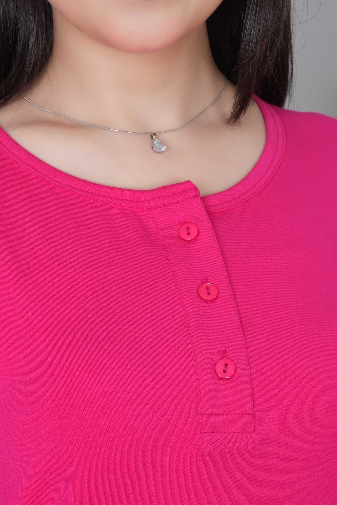 Pink long round neck henley cotton lycra t-shirt with pockets - Long cotton t-shirt