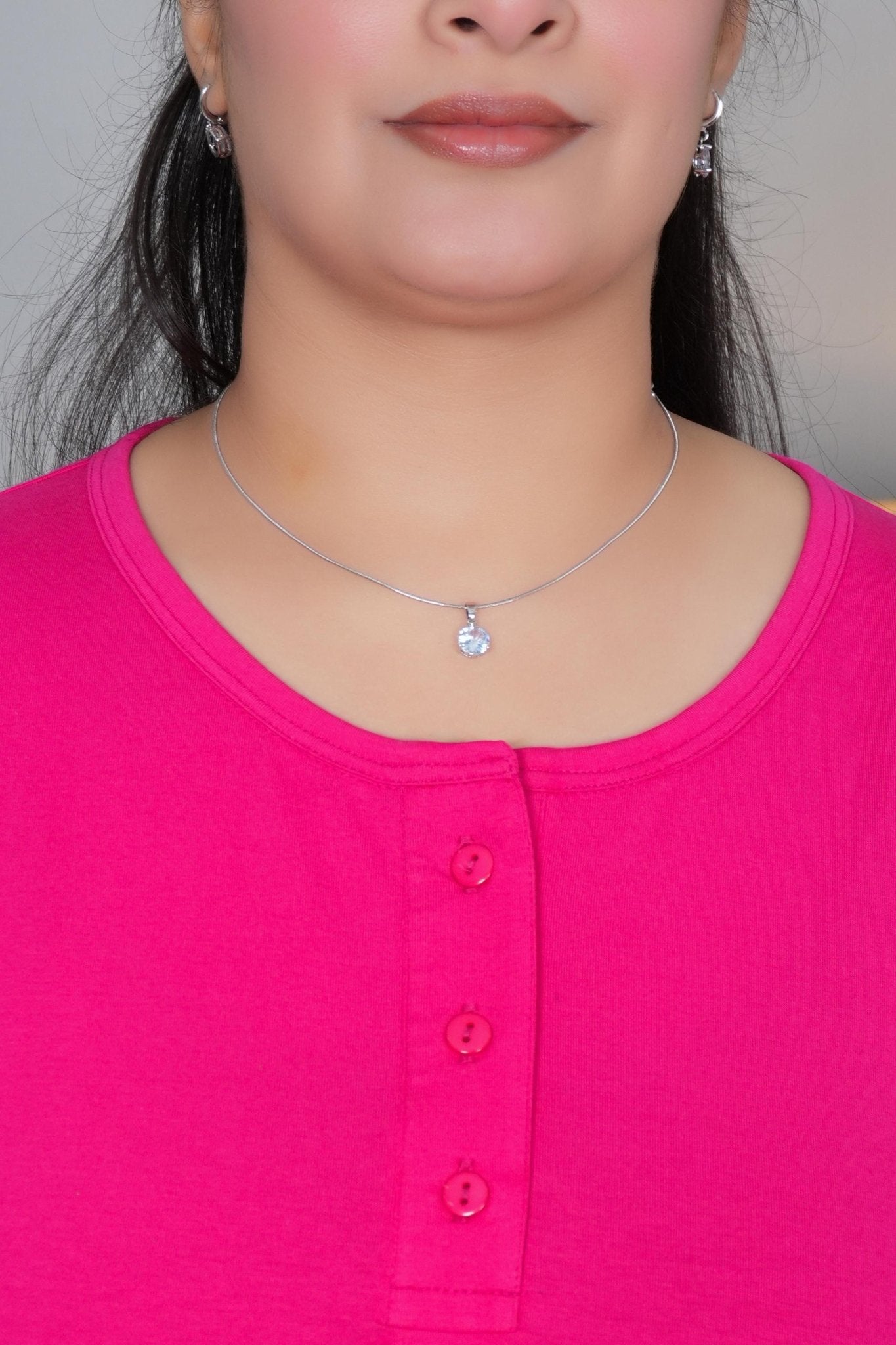 Pink long round neck henley cotton lycra t-shirt with pockets - Long cotton t-shirt