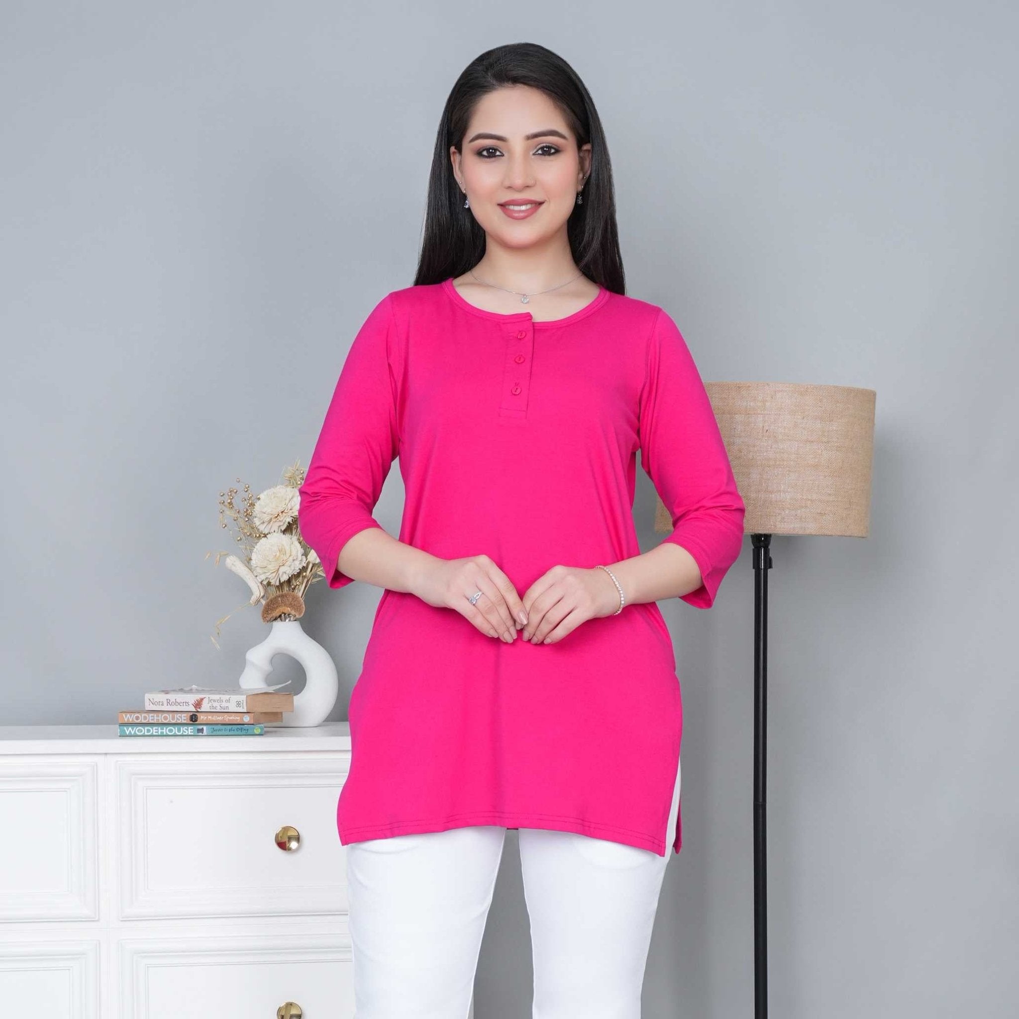 Pink long round neck henley cotton lycra t-shirt with pockets - Long cotton t-shirt