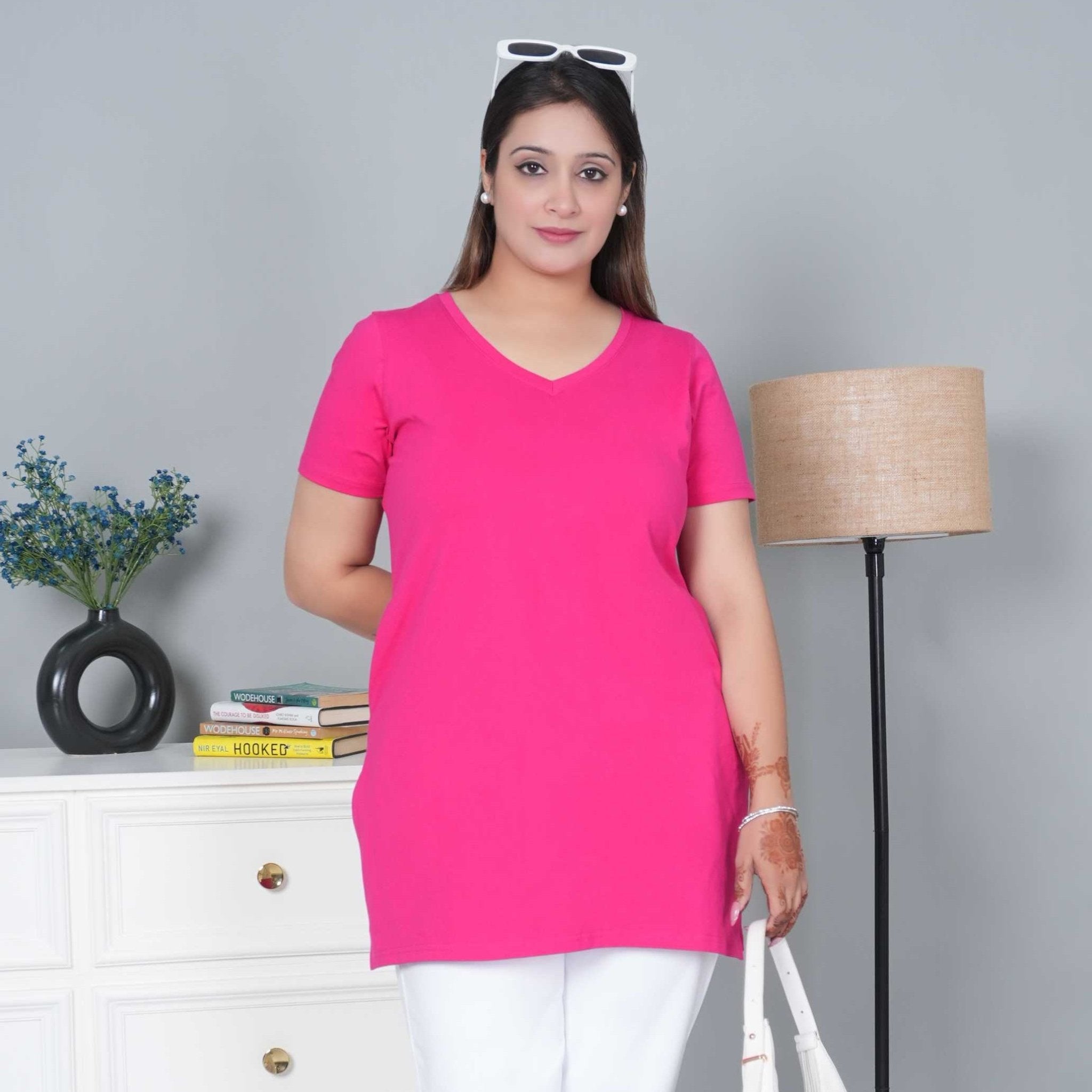 Pink long v neck cotton lycra t-shirt with pockets - Long cotton t-shirt