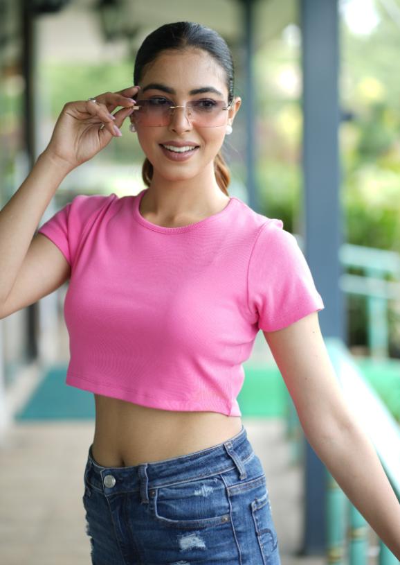 Pink Rib Crop T Shirt [ 100% Cotton, 280 GSM non transparent fabric ] - Rib crop t shirt