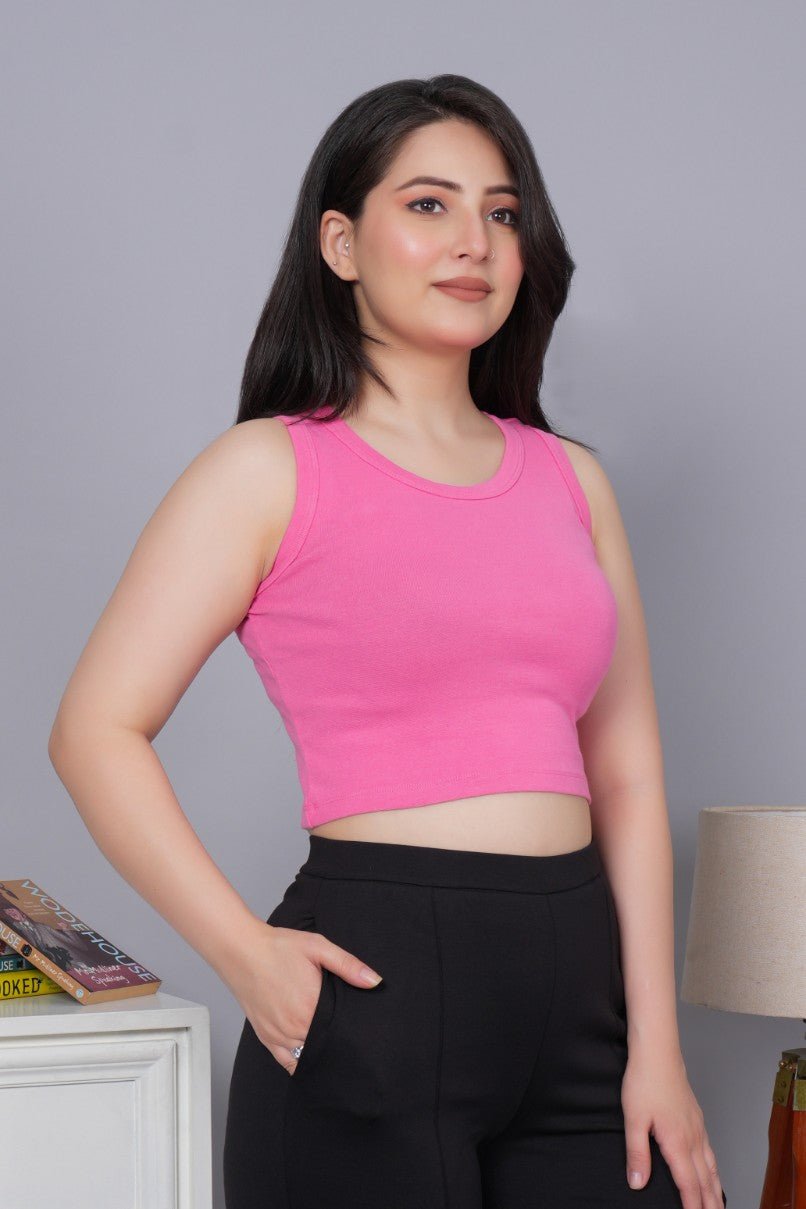 Pink Rib Crop Vest [ 100% USA HQ Cotton, 280 GSM non transparent fabric ] - Rib crop vest