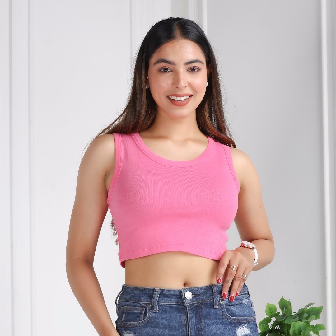 Pink Rib Crop Vest [ 100% USA HQ Cotton, 280 GSM non transparent fabric ] - Rib crop vest