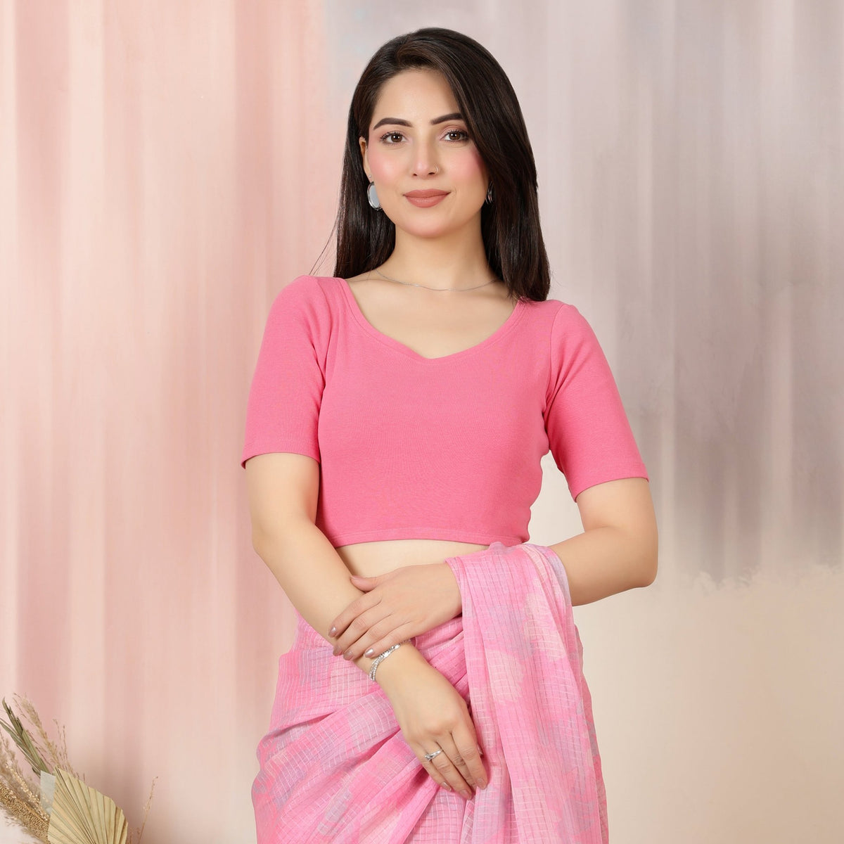 Pink Rib Roundneck Half Sleeve Blouse [ 100% USA HQ Cotton, 280 GSM non transparent fabric ] -Rib blouse