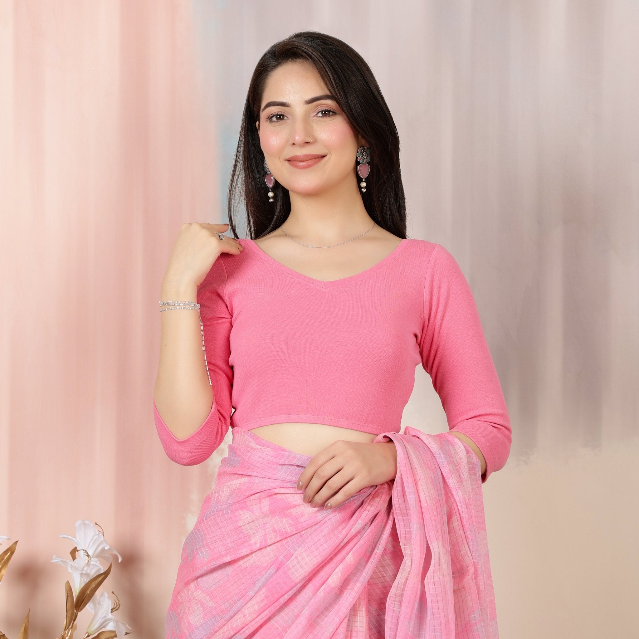 Pink Rib V Neck 3/4 Sleeve Blouse [ 100% USA HQ Cotton, 280 GSM non transparent fabric ] -Rib blouse