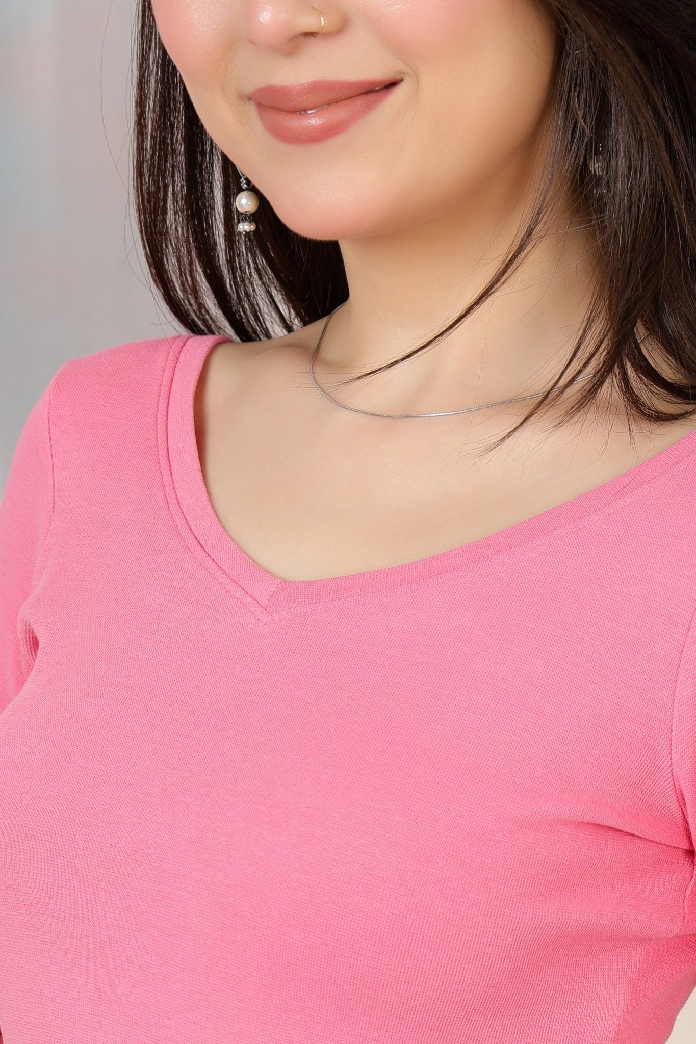 Pink Rib V Neck 3/4 Sleeve Blouse [ 100% USA HQ Cotton, 280 GSM non transparent fabric ] -Rib blouse