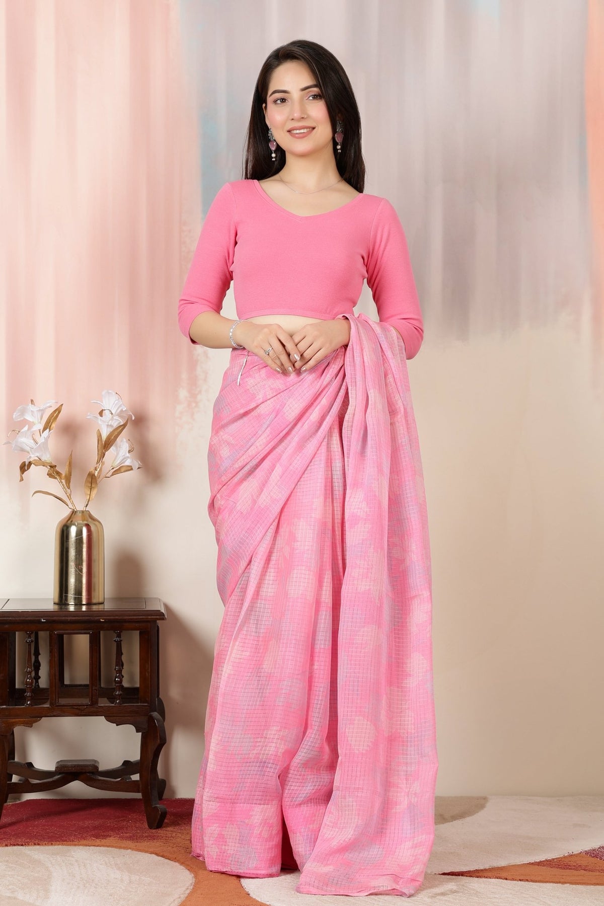 Pink Rib V Neck 3/4 Sleeve Blouse [ 100% USA HQ Cotton, 280 GSM non transparent fabric ] -Rib blouse