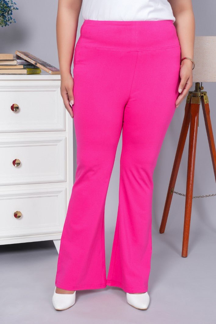 Pink stretchable biowash cotton flare pants with superior elastic belt. - Cotton flare
