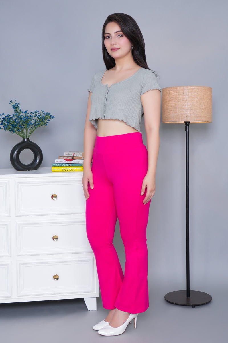 Pink stretchable biowash cotton lycra legging pants with superior elastic belt. -Cotton flare