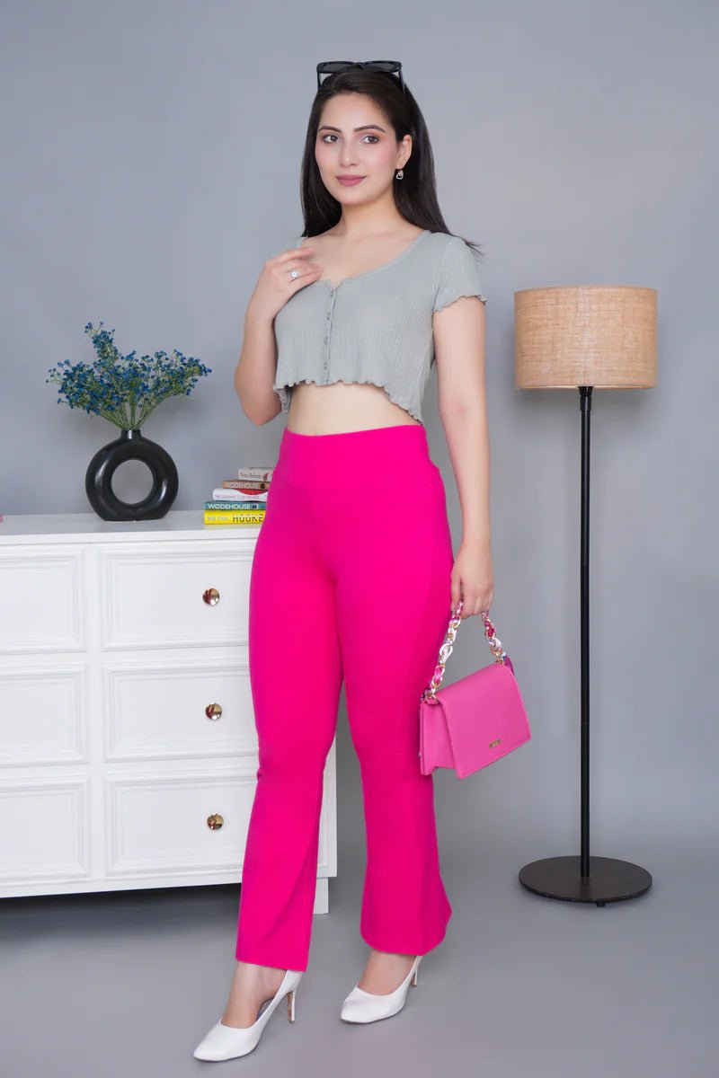 Pink stretchable biowash cotton lycra legging pants with superior elastic belt. -Cotton flare