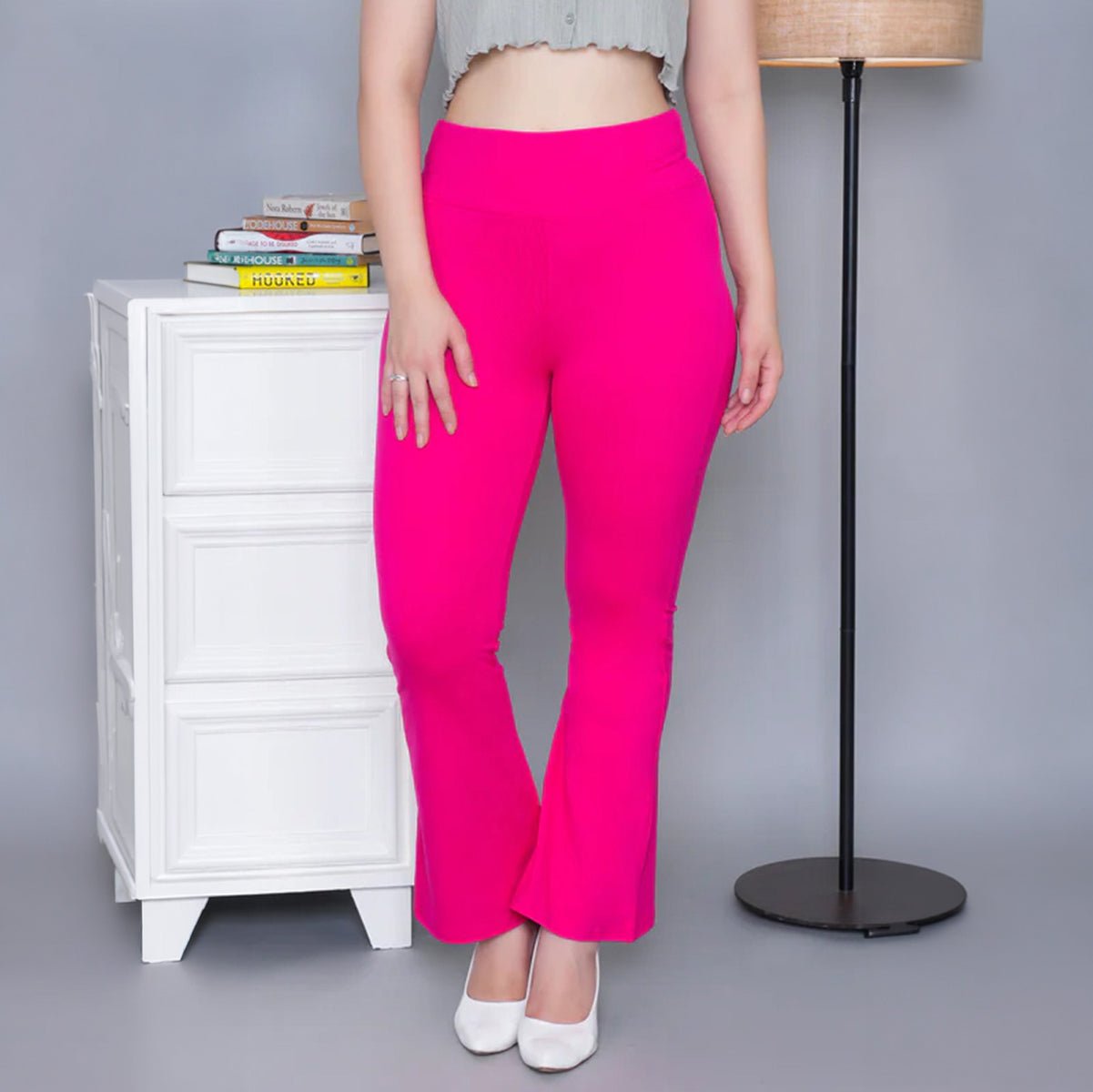 Pink stretchable biowash cotton lycra legging pants with superior elastic belt. -Cotton flare