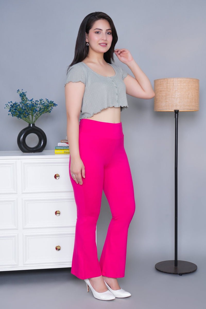 Pink stretchable biowash cotton lycra legging pants with superior elastic belt. -Cotton flare