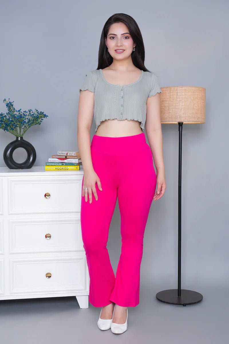 Pink stretchable biowash cotton lycra legging pants with superior elastic belt. -Cotton flare